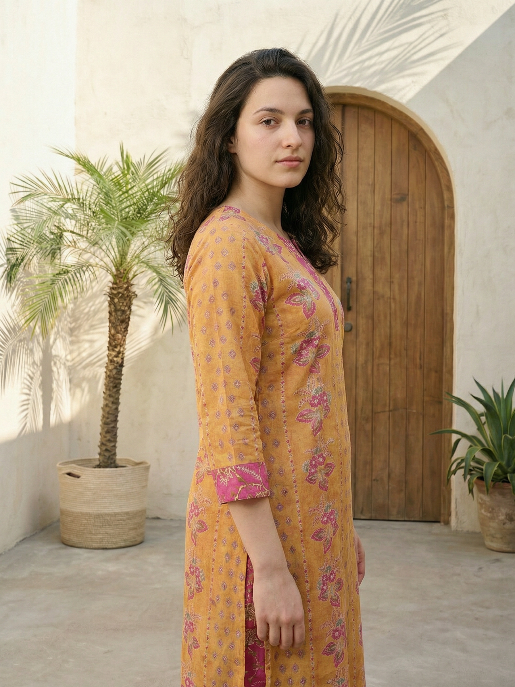 Women yellow floral printed linen kurta co-ord set with trousers