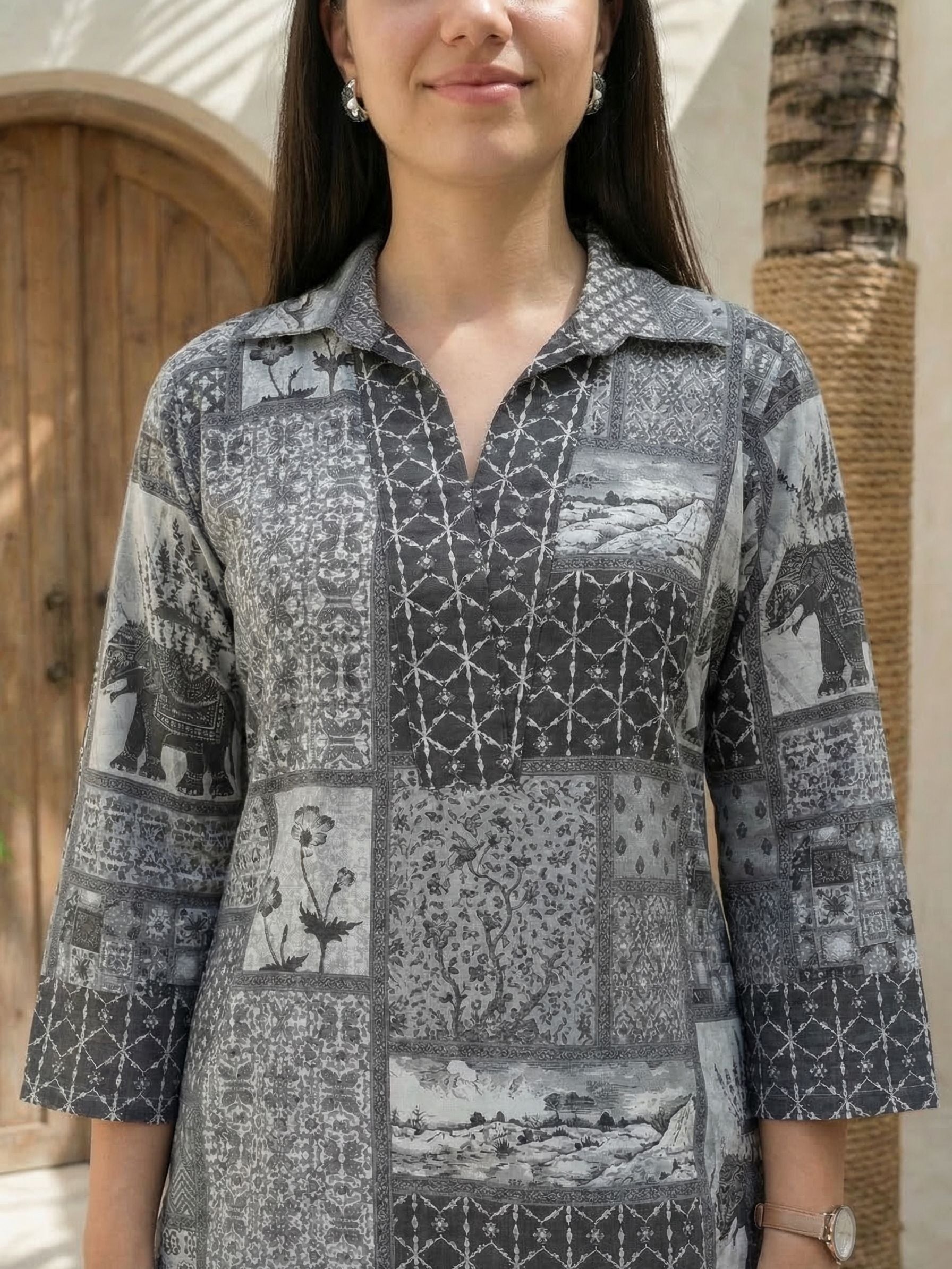 Women yellow floral printed linen kurta co-ord set with trousers