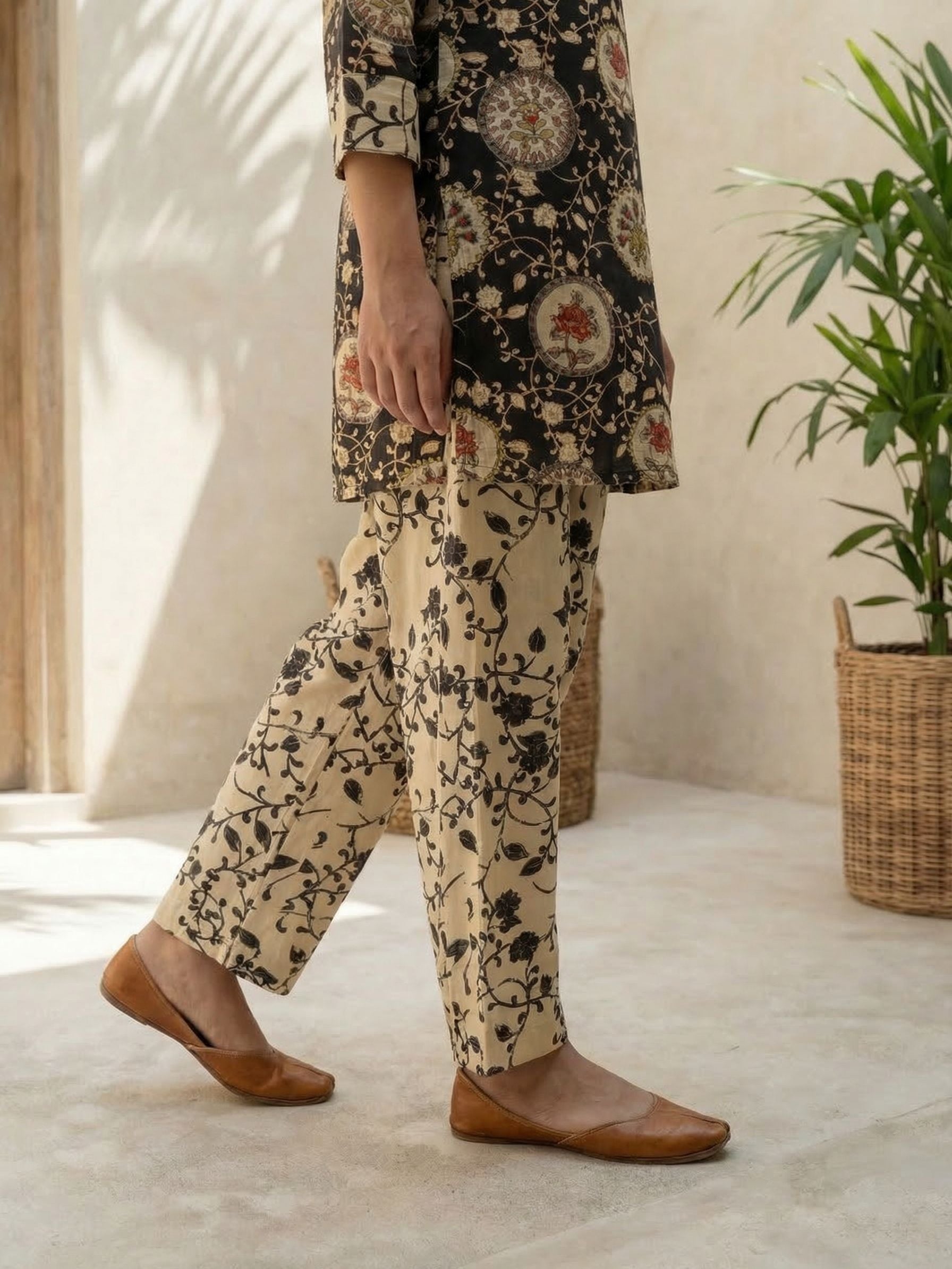 Women yellow floral printed linen kurta co-ord set with trousers