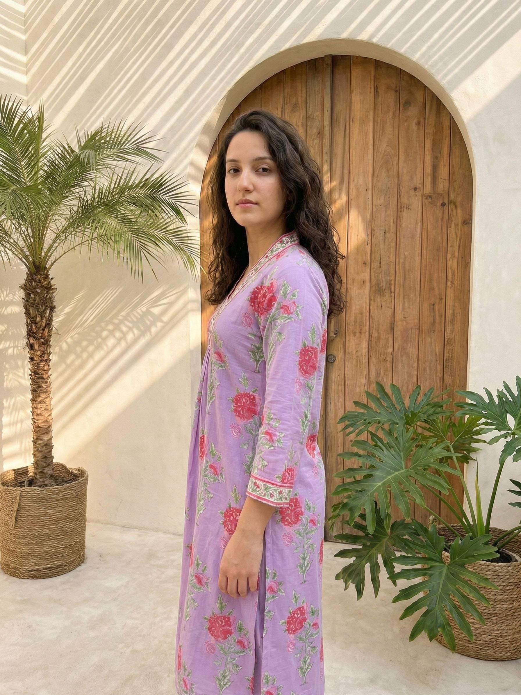 Women floral printed soft silk kurta with trousers