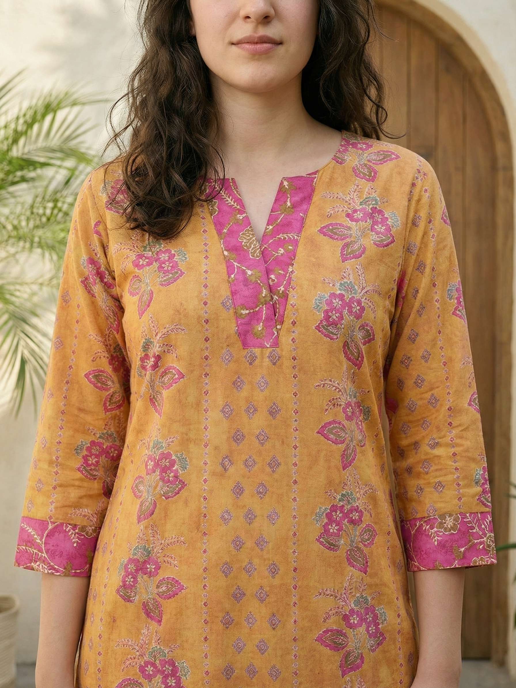 Women yellow floral printed linen kurta co-ord set with trousers