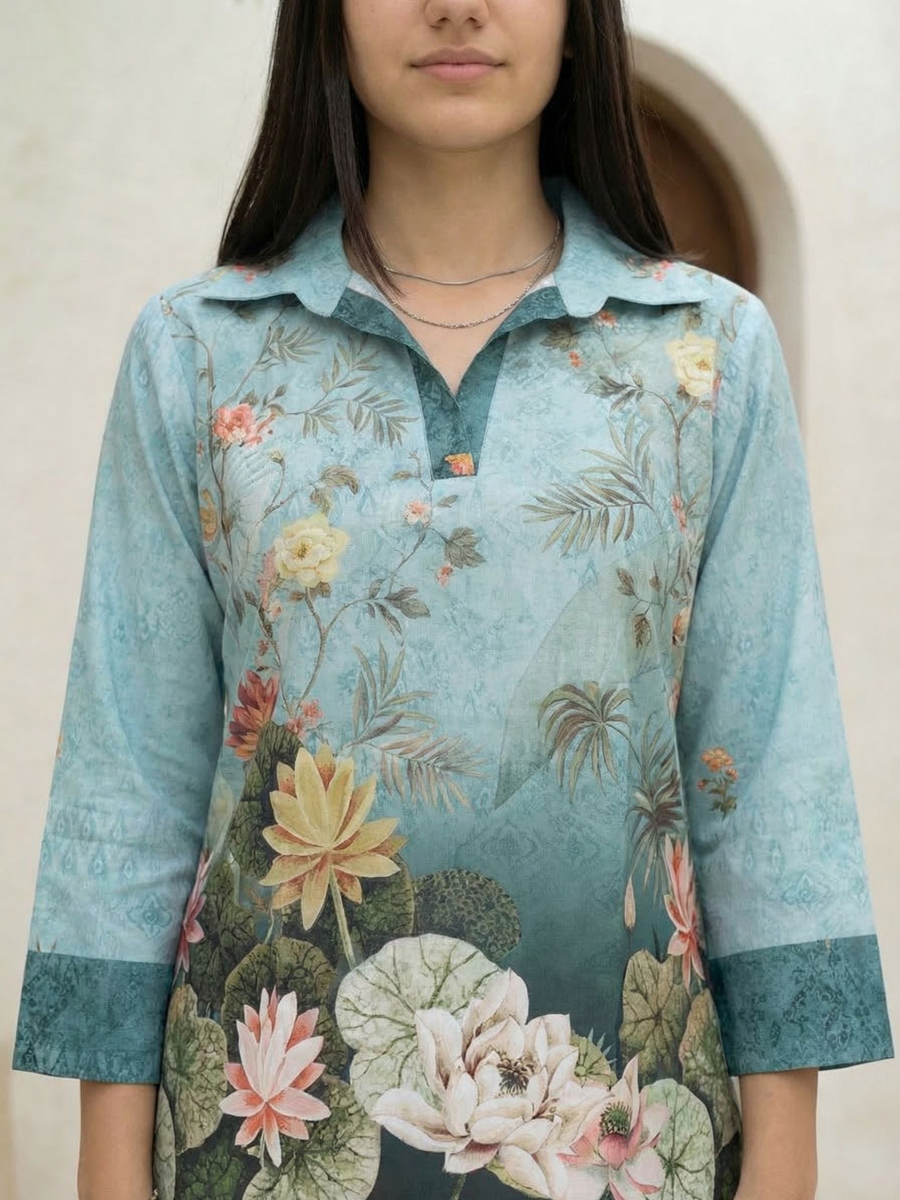 Women yellow floral printed linen kurta co-ord set with trousers