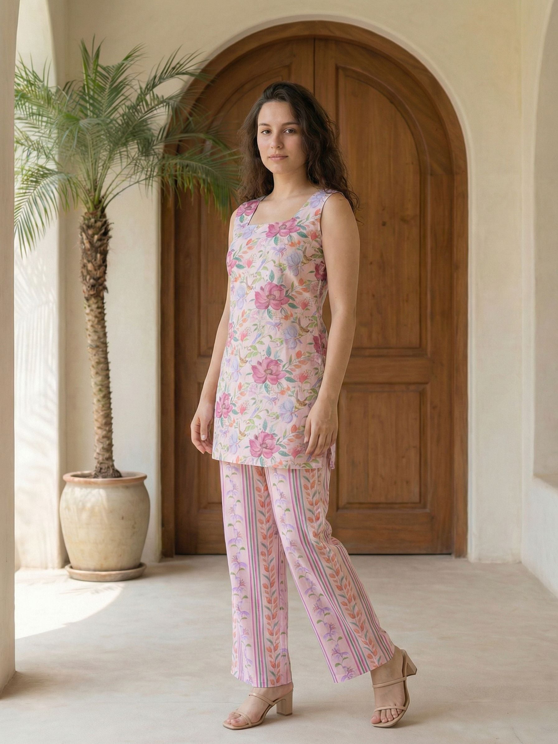 Women red printed cotton kurta co-ord set with trousers