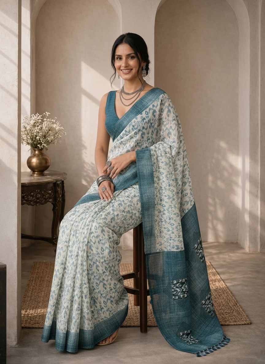 Teal and White Saree