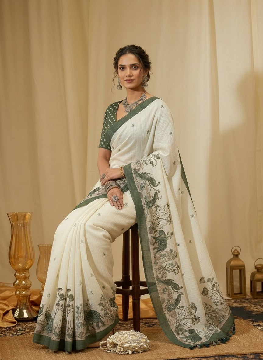 White and Green Elephant Saree