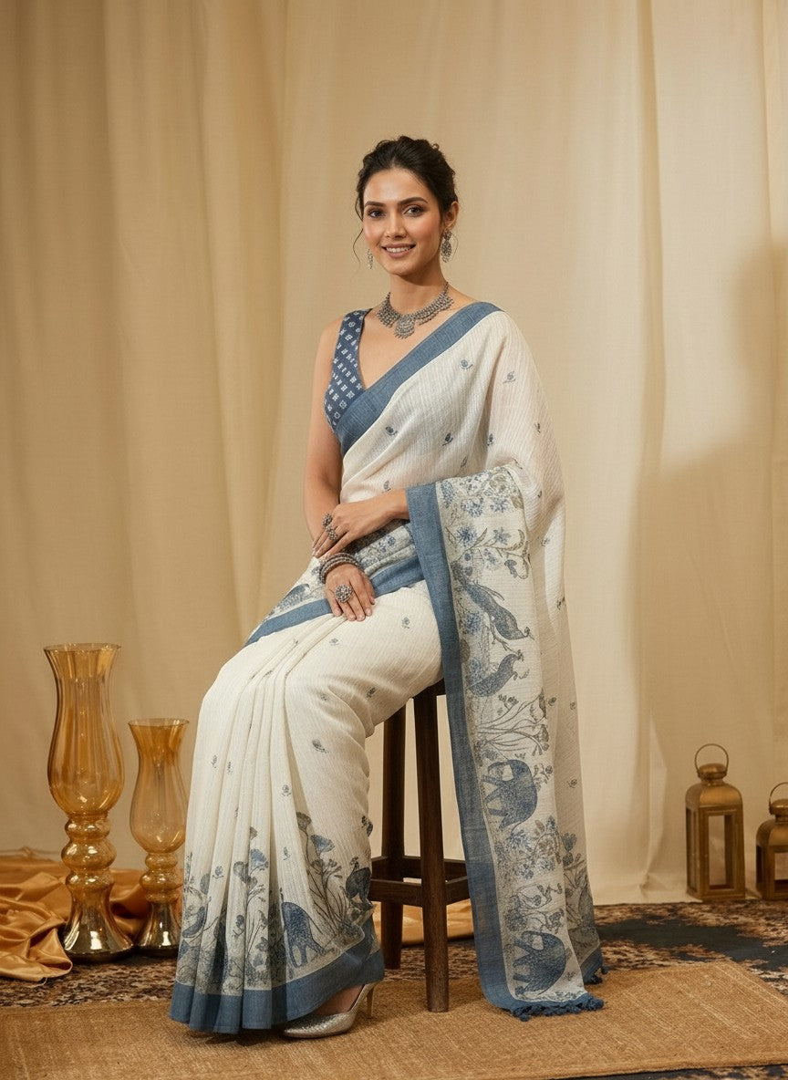 White and Blue Elephant Saree