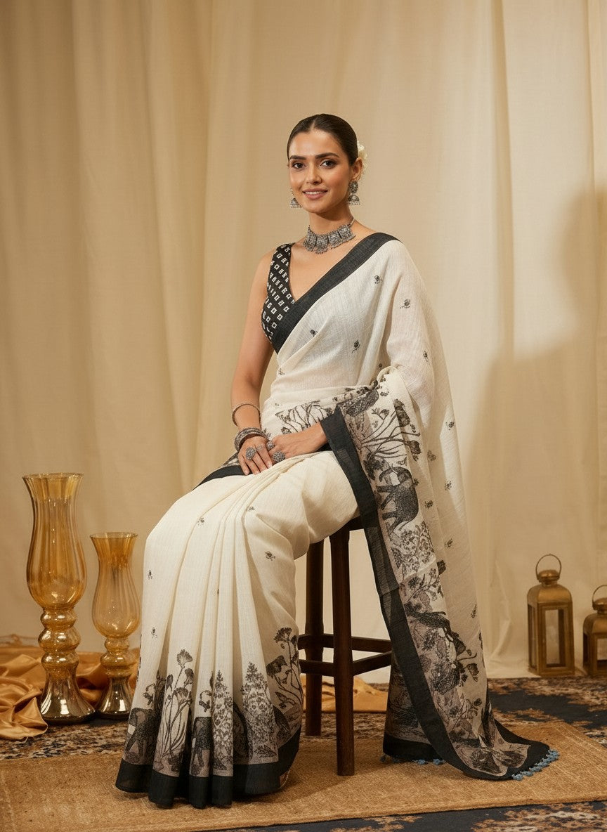 White and Grey Elephant Saree