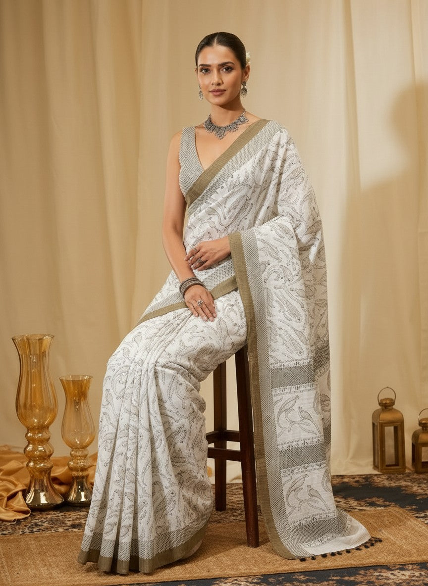 White Gold Border Saree