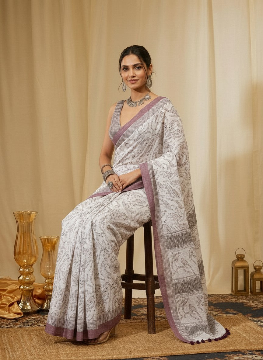 White and Purple Border Saree