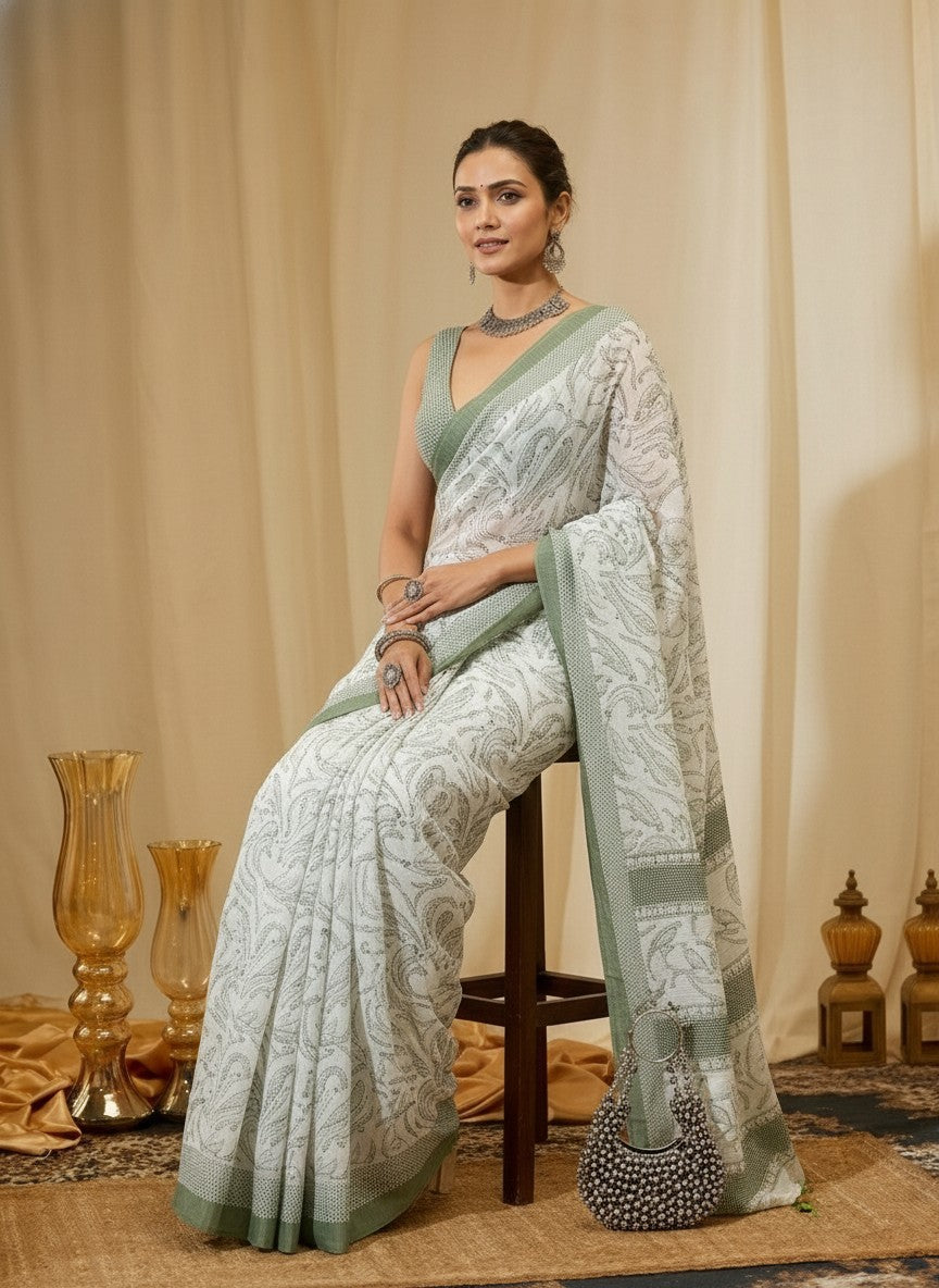 White and Green Border Saree