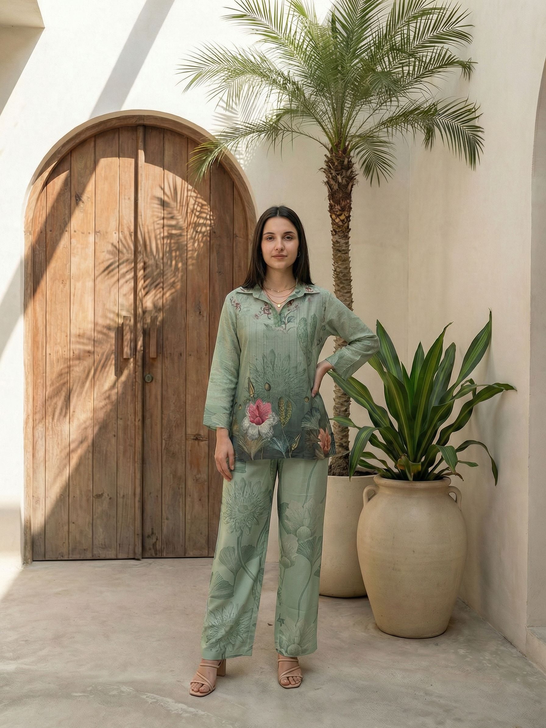 Women pink floral printed soft silk kurta co-ord set with trousers