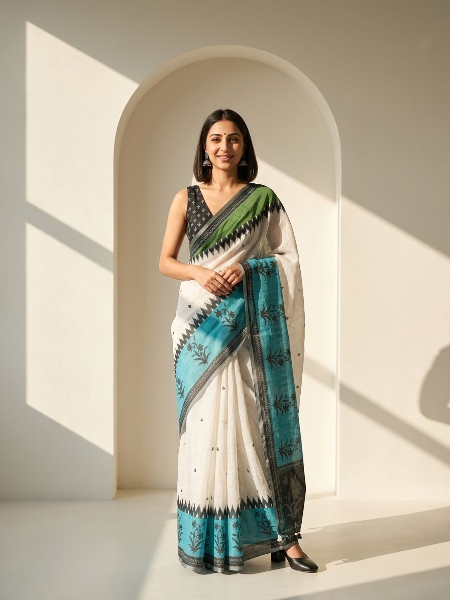 Geometric Kota Linen Off-White saree