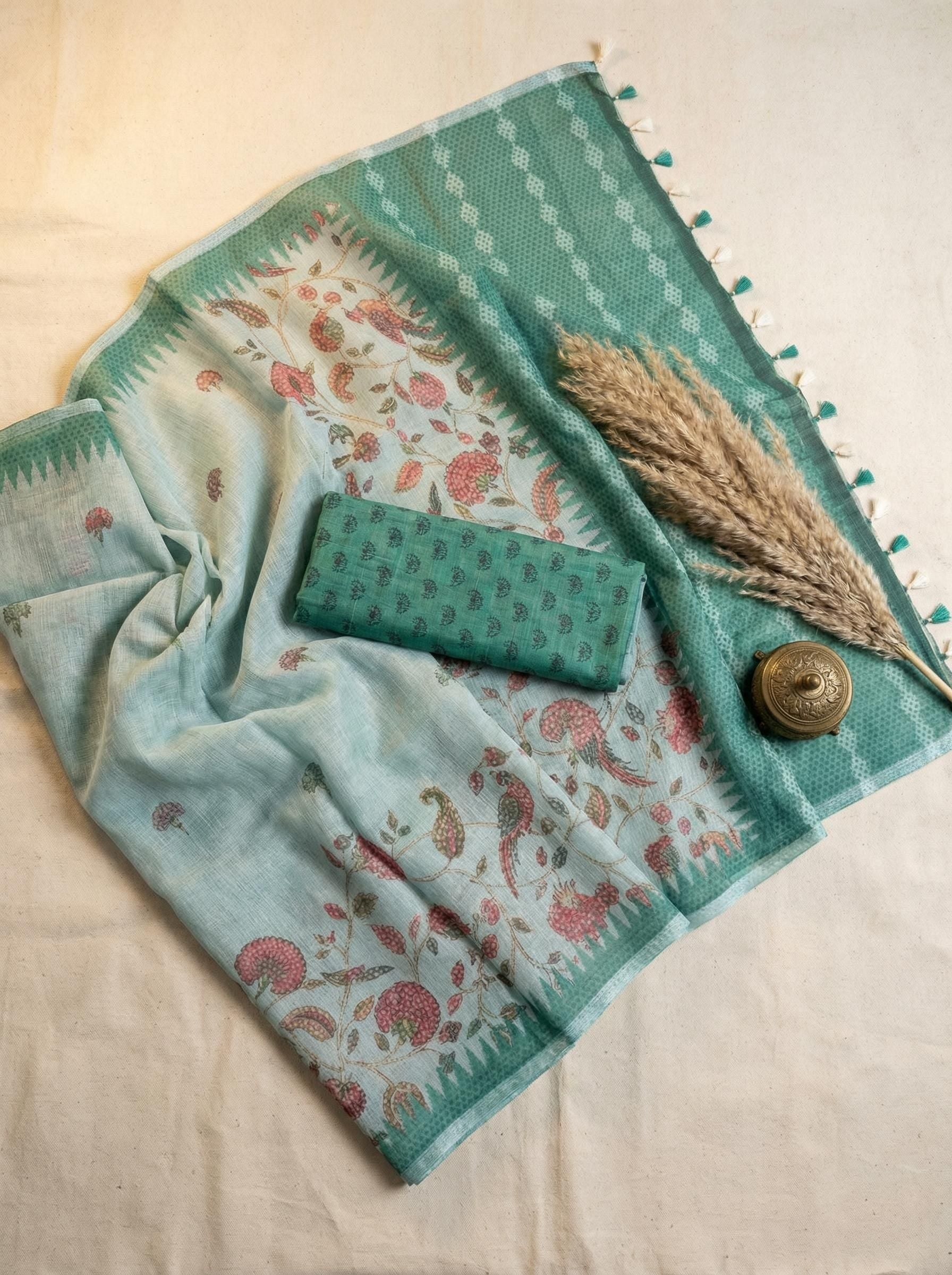 Floral Kota Linen Sea Green saree