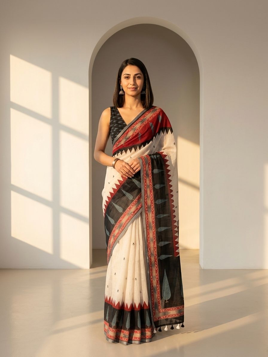 Geometric Kota Linen Off-White saree