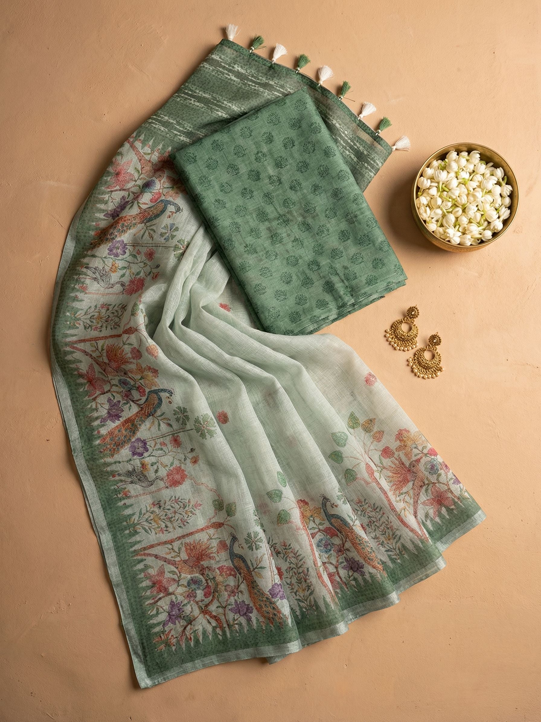 Ethnic Motifs Kota Linen Sage Green saree