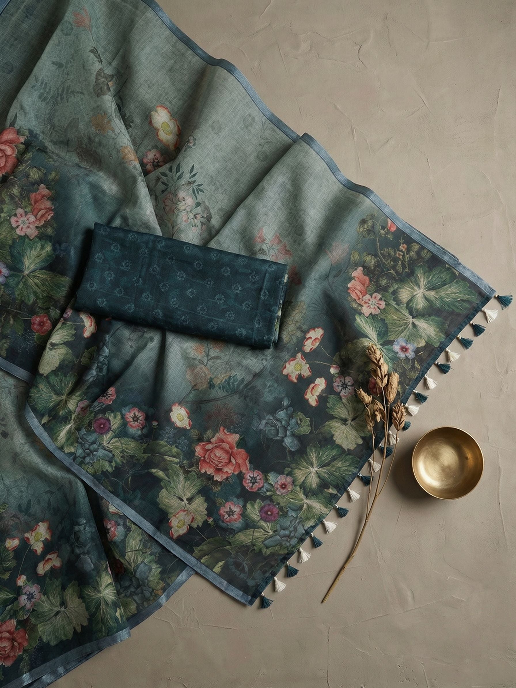 Floral Kota Linen Teal Green Saree