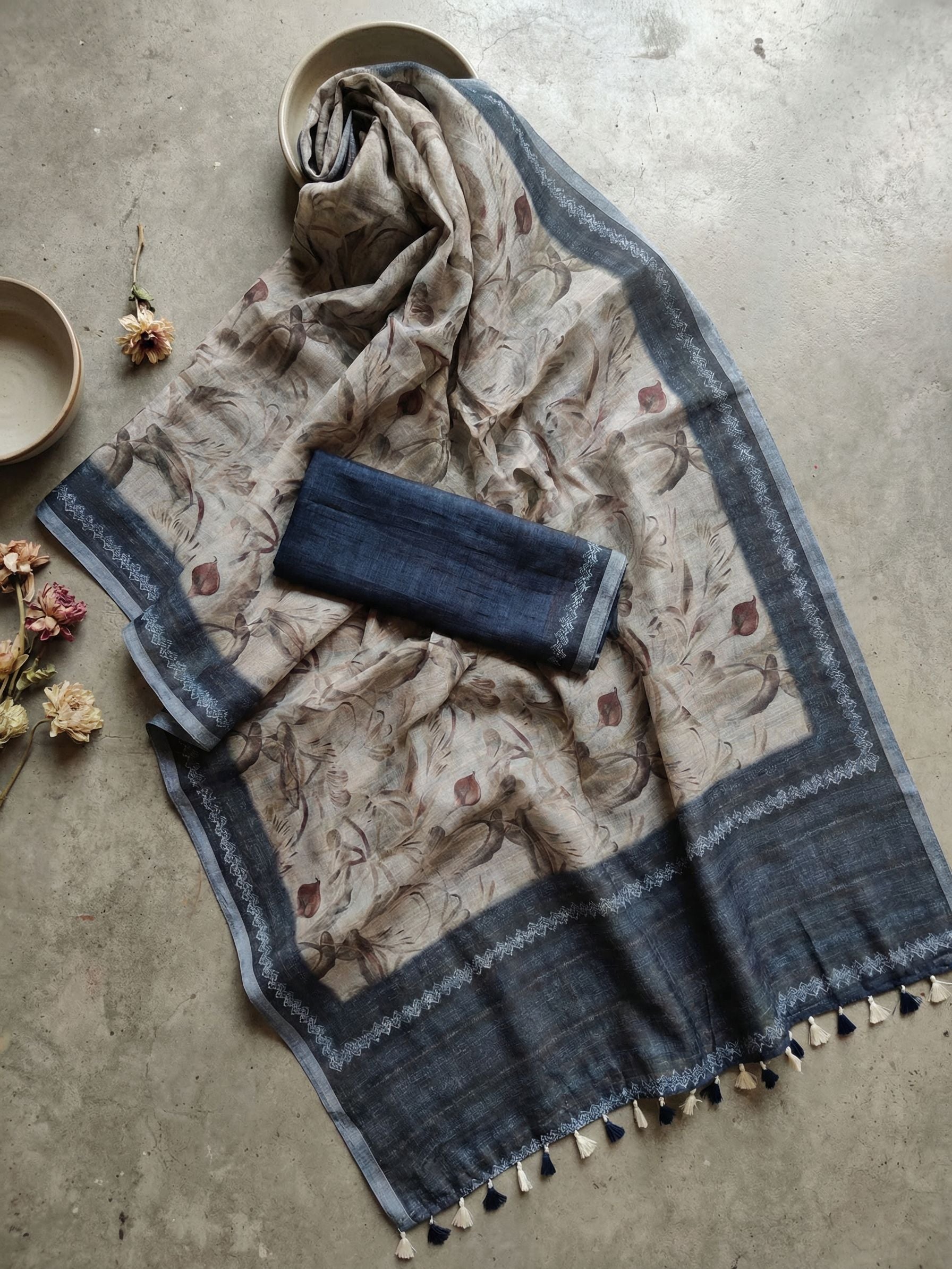 Floral Kota Linen Beige Saree