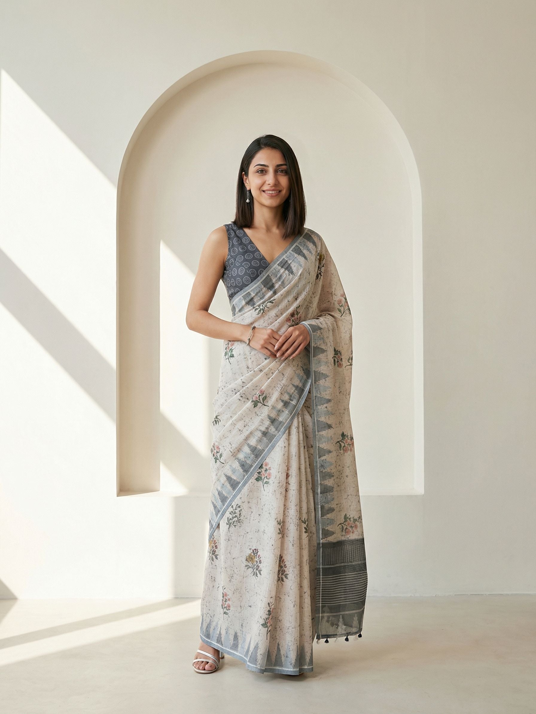 Floral Kota Linen Grey saree