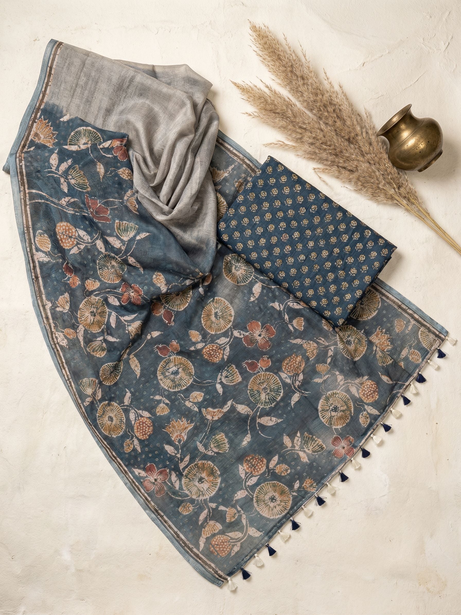 Floral Kota Linen Slate Blue Saree