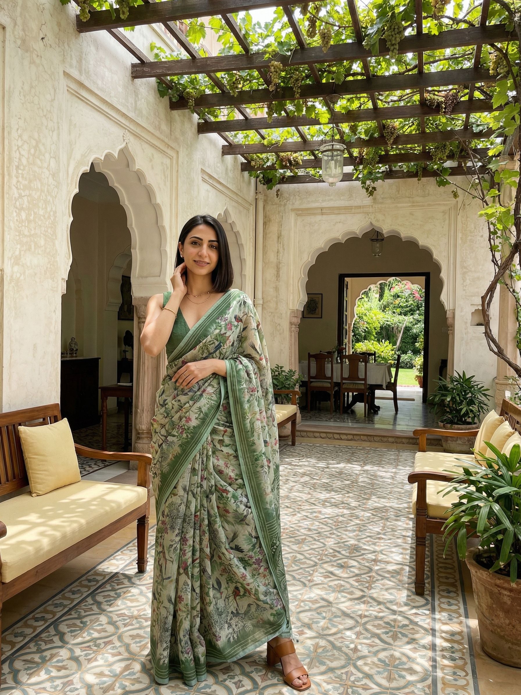 Floral Kota Linen Green Saree