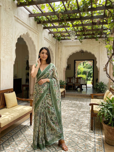 Floral Kota Linen Green Saree