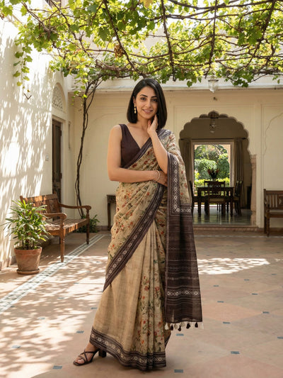 Floral Kota Linen Brown Saree