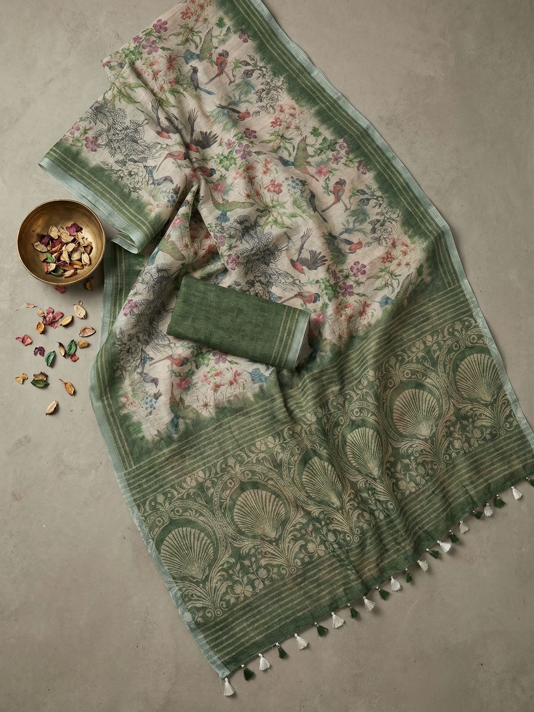 Floral Kota Linen Green Saree