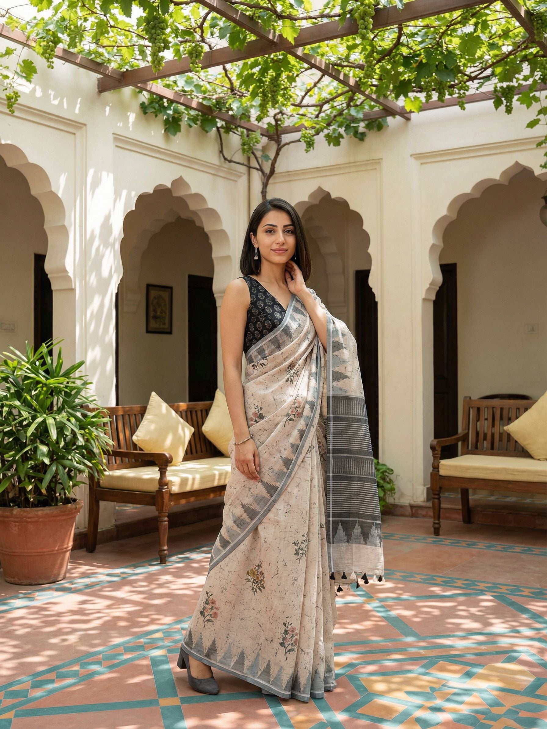 Floral Kota Linen Grey saree