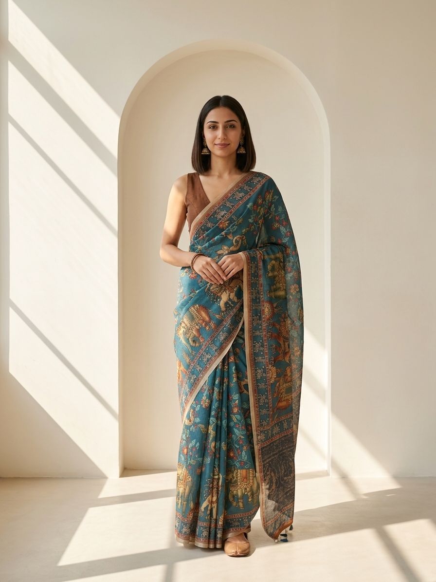 Kalamkari Kota Linen Blue saree