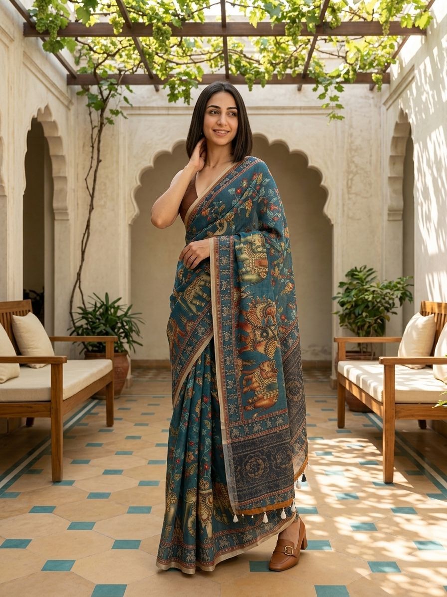 Kalamkari Kota Linen Blue saree