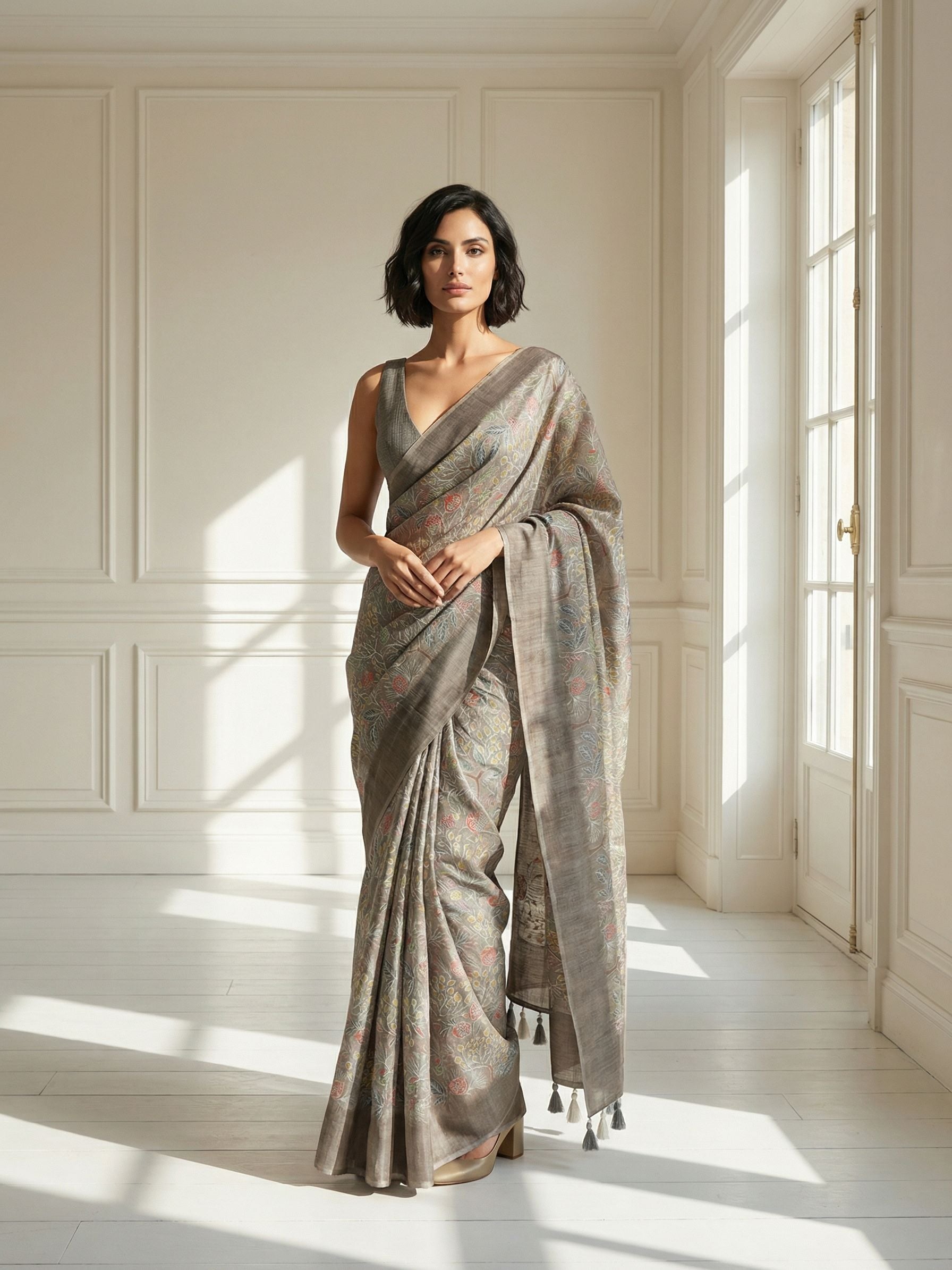 Leafy Grey Saree