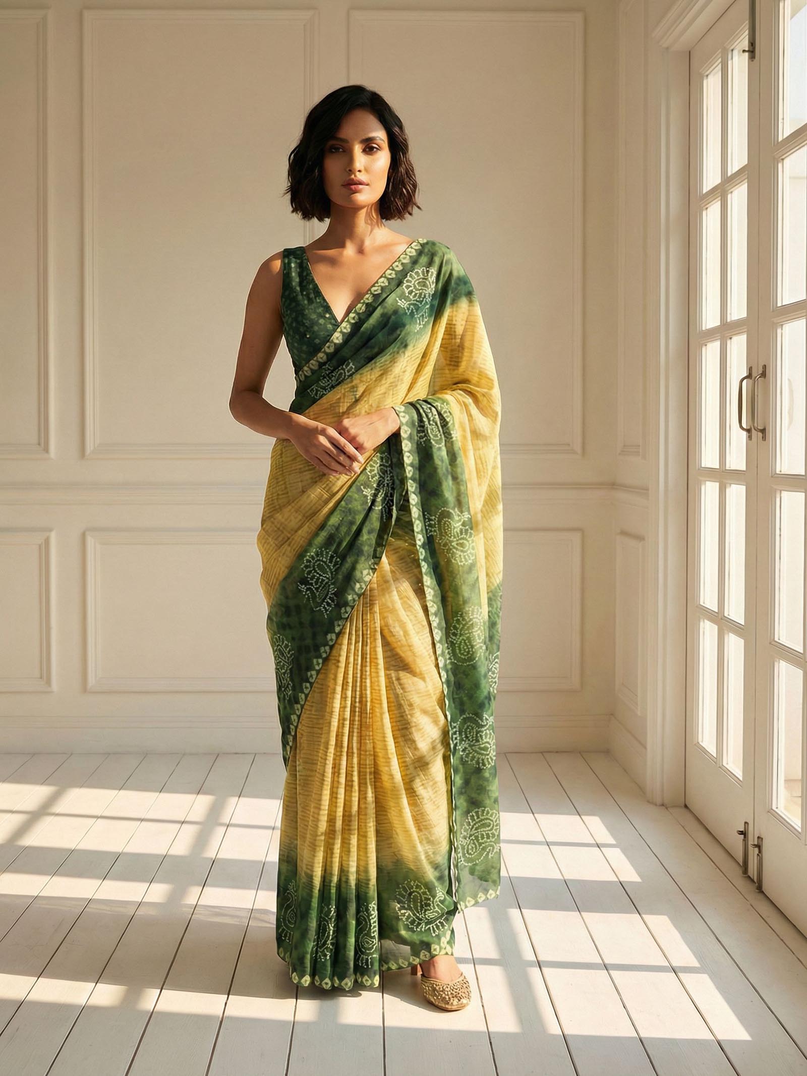 Yellow and Green Peacock Saree