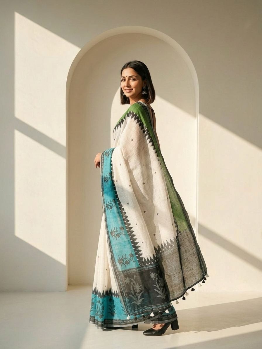 Geometric Kota Linen Off-White saree
