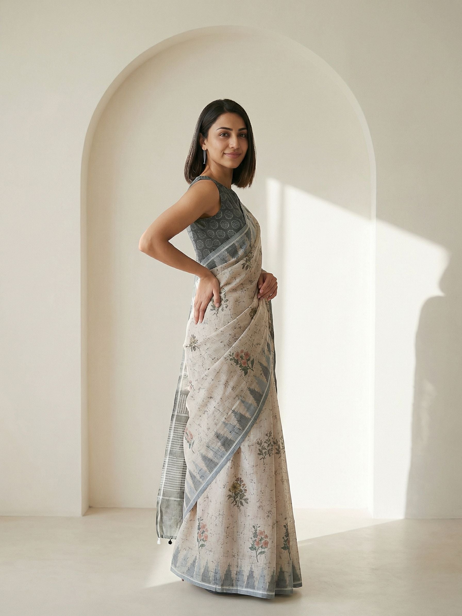 Floral Kota Linen Grey saree