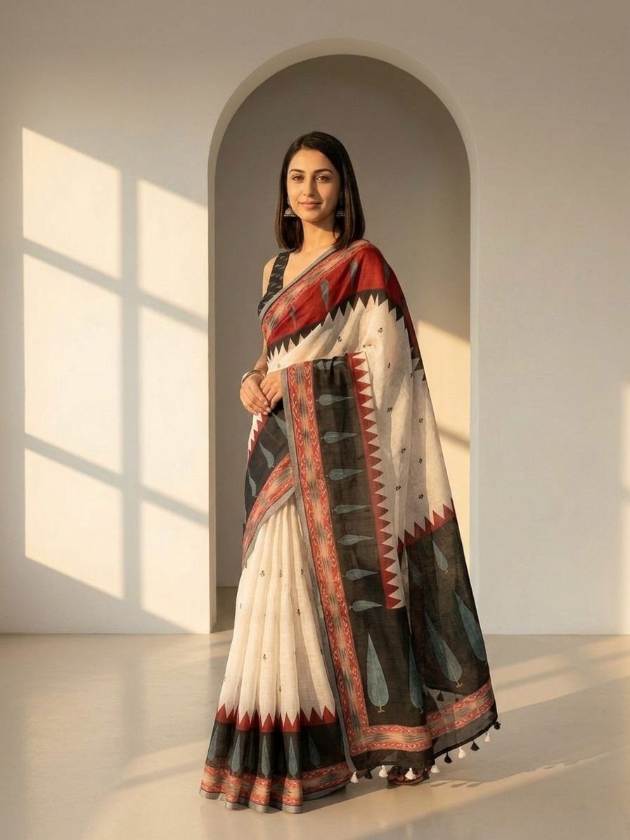 Geometric Kota Linen Off-White saree