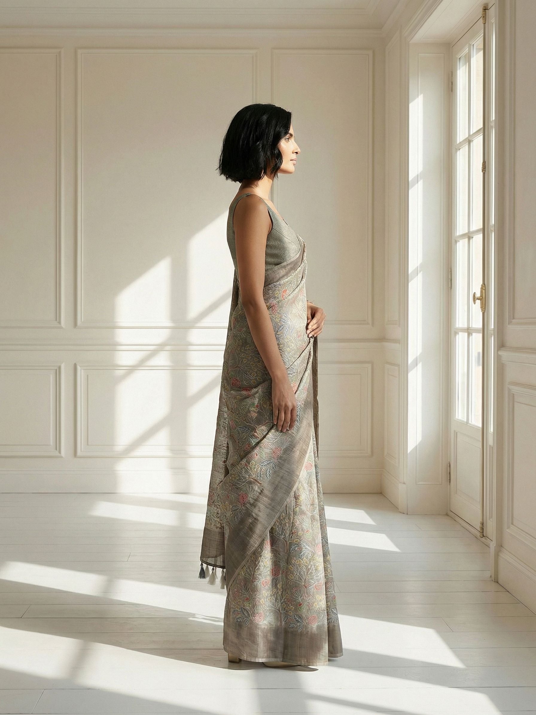 Leafy Grey Saree