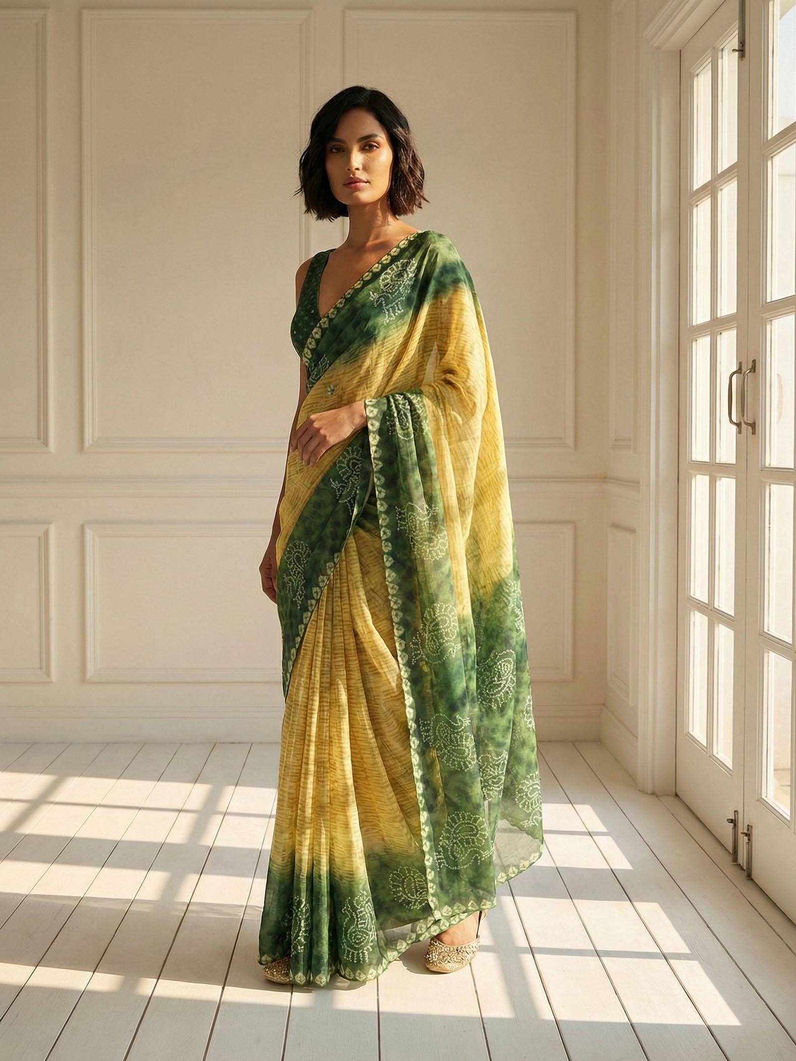 Yellow and Green Peacock Saree