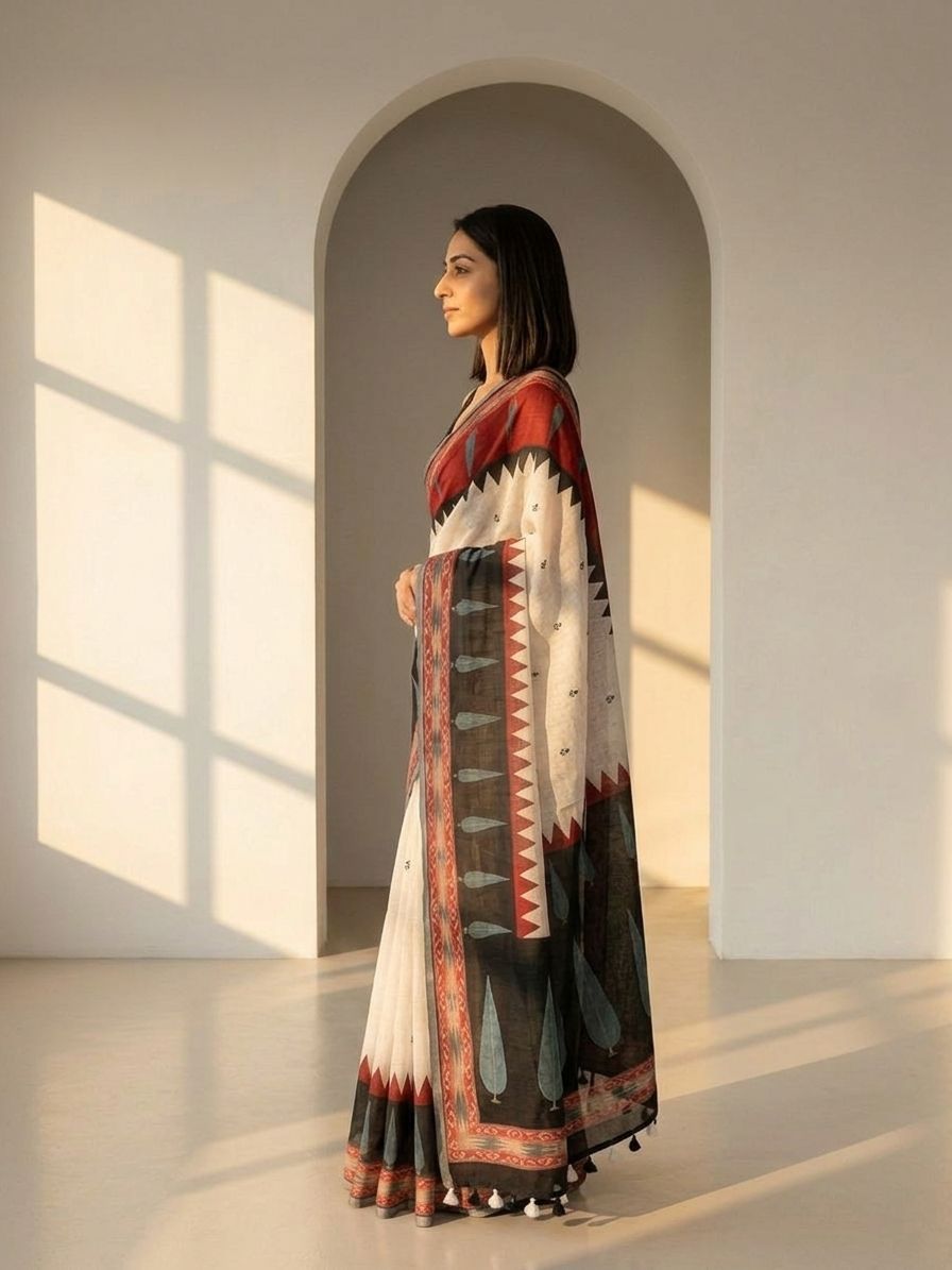Geometric Kota Linen Off-White saree