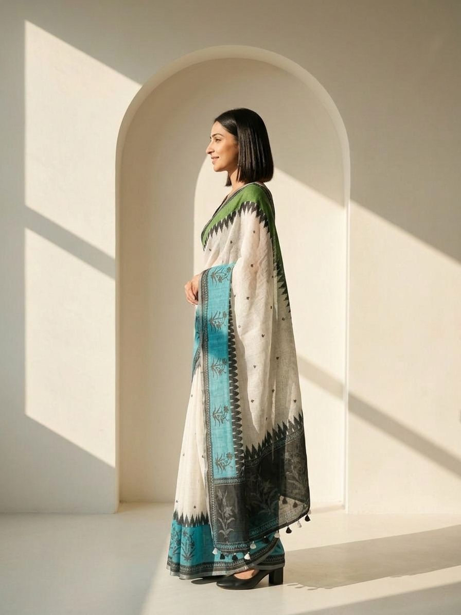 Geometric Kota Linen Off-White saree