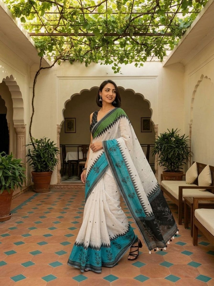 Geometric Kota Linen Off-White saree