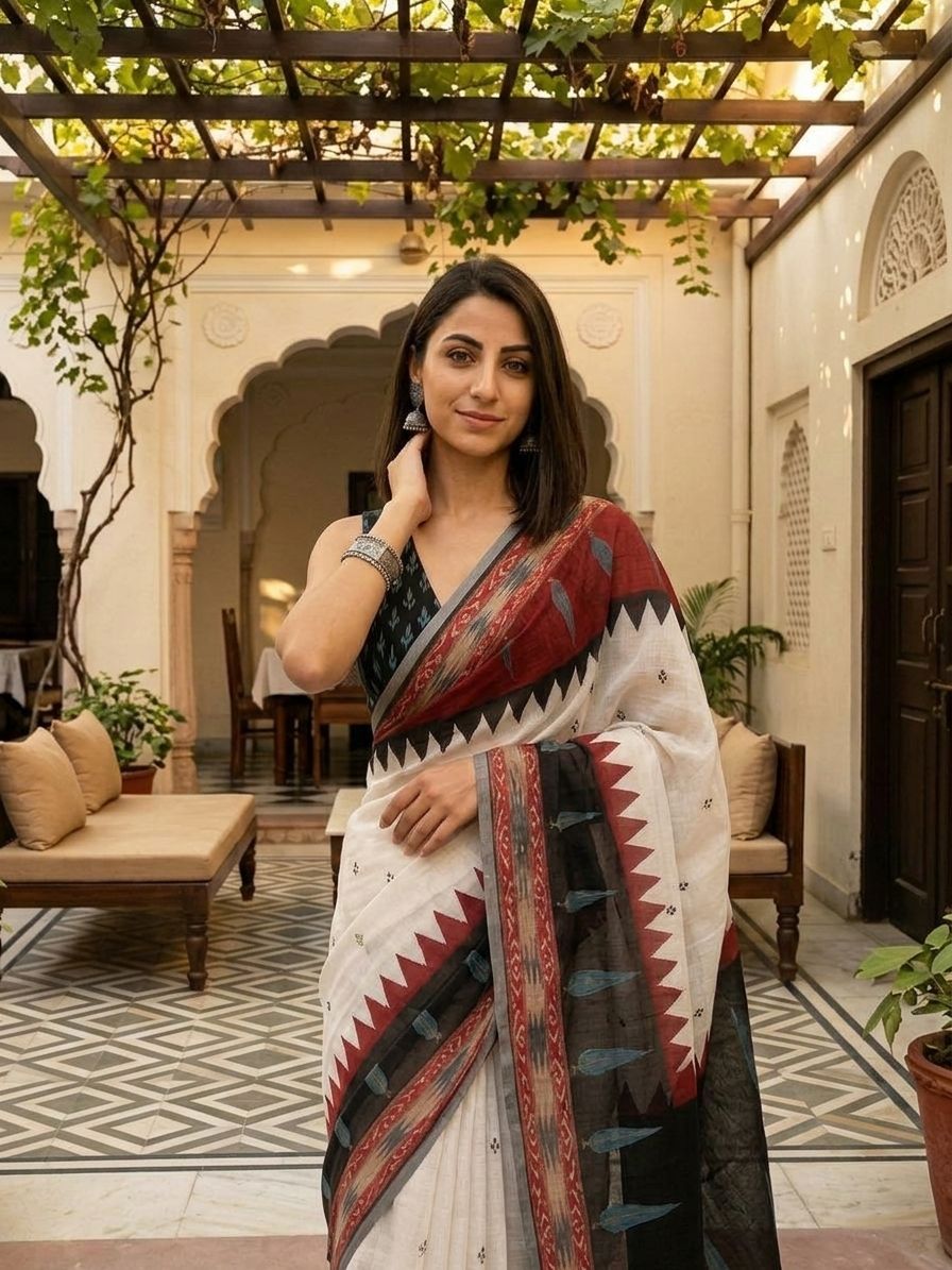 Geometric Kota Linen Off-White saree