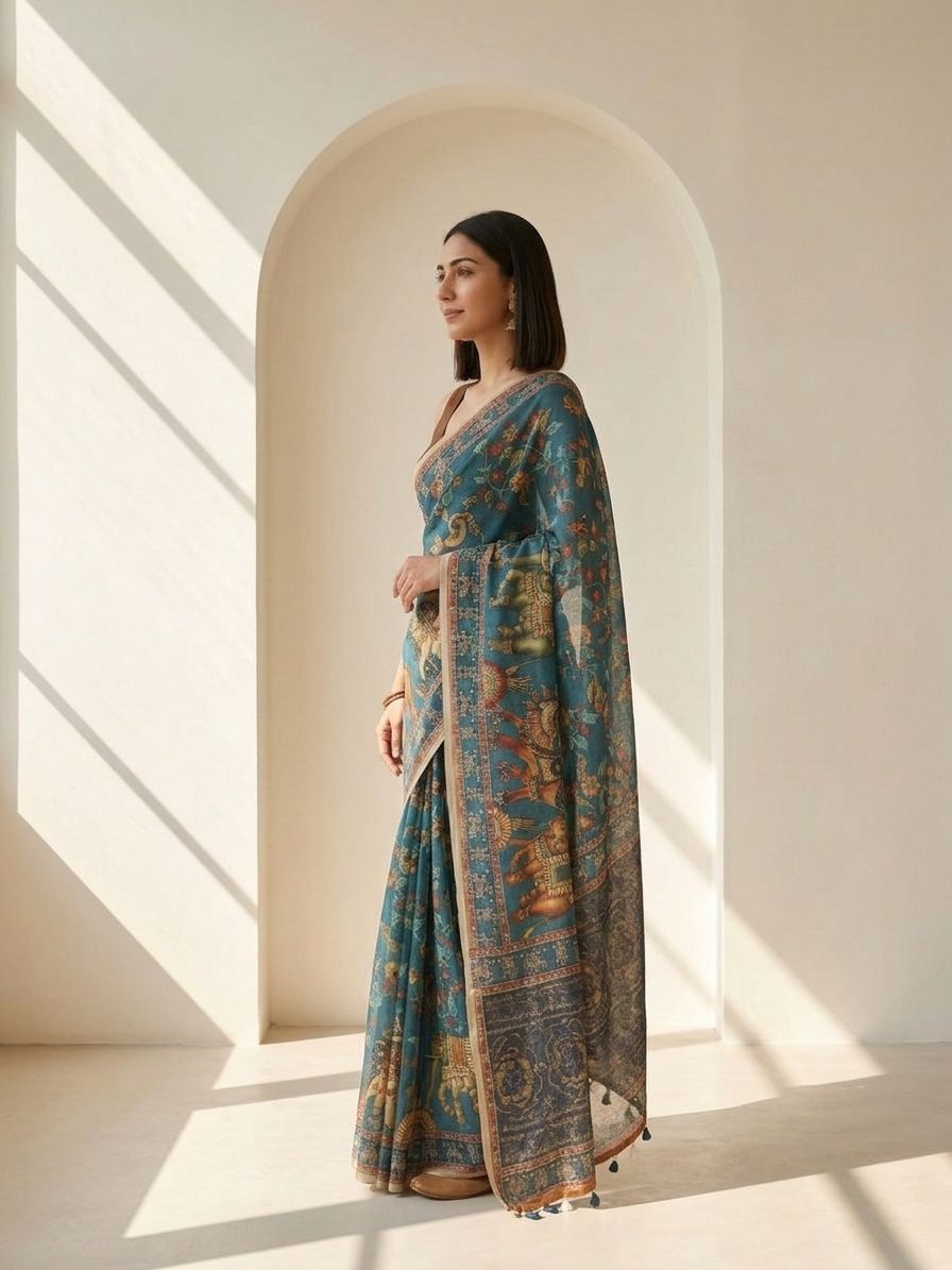 Kalamkari Kota Linen Blue saree