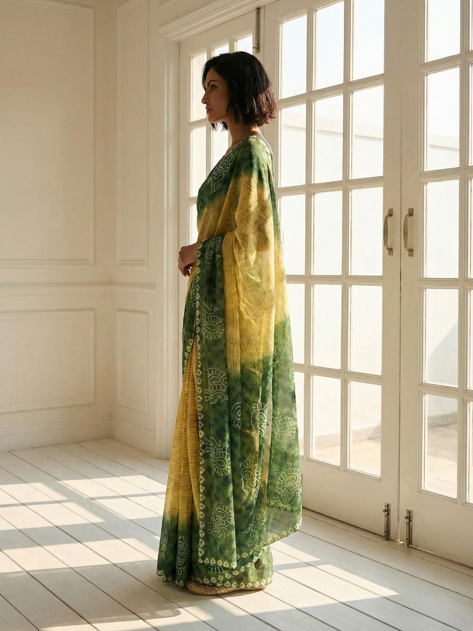 Yellow and Green Peacock Saree