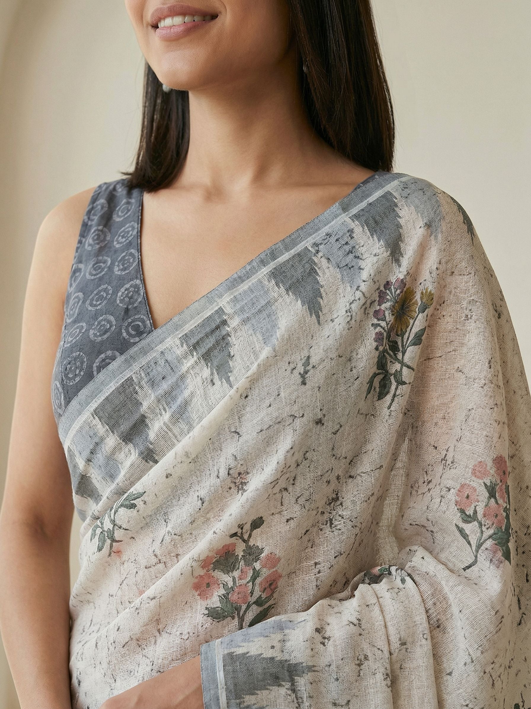 Floral Kota Linen Grey saree