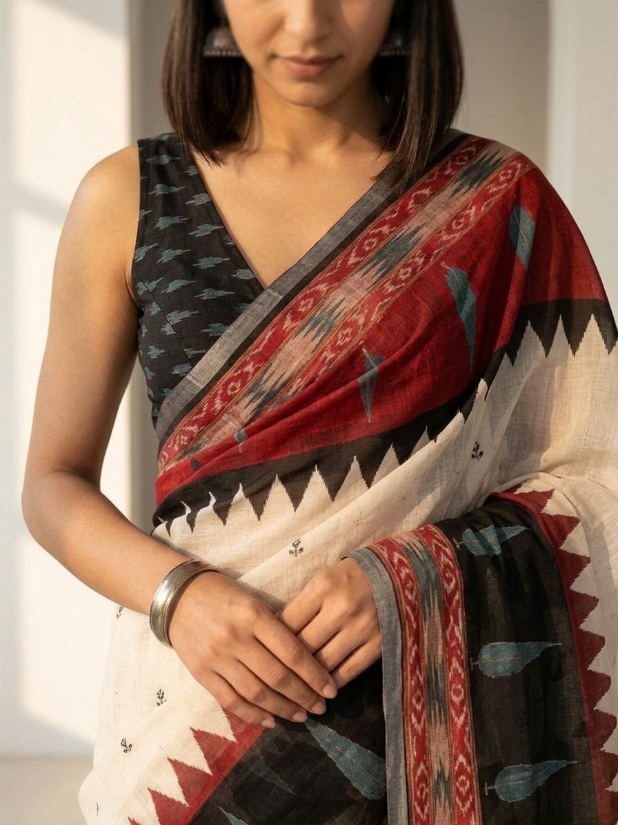 Geometric Kota Linen Off-White saree