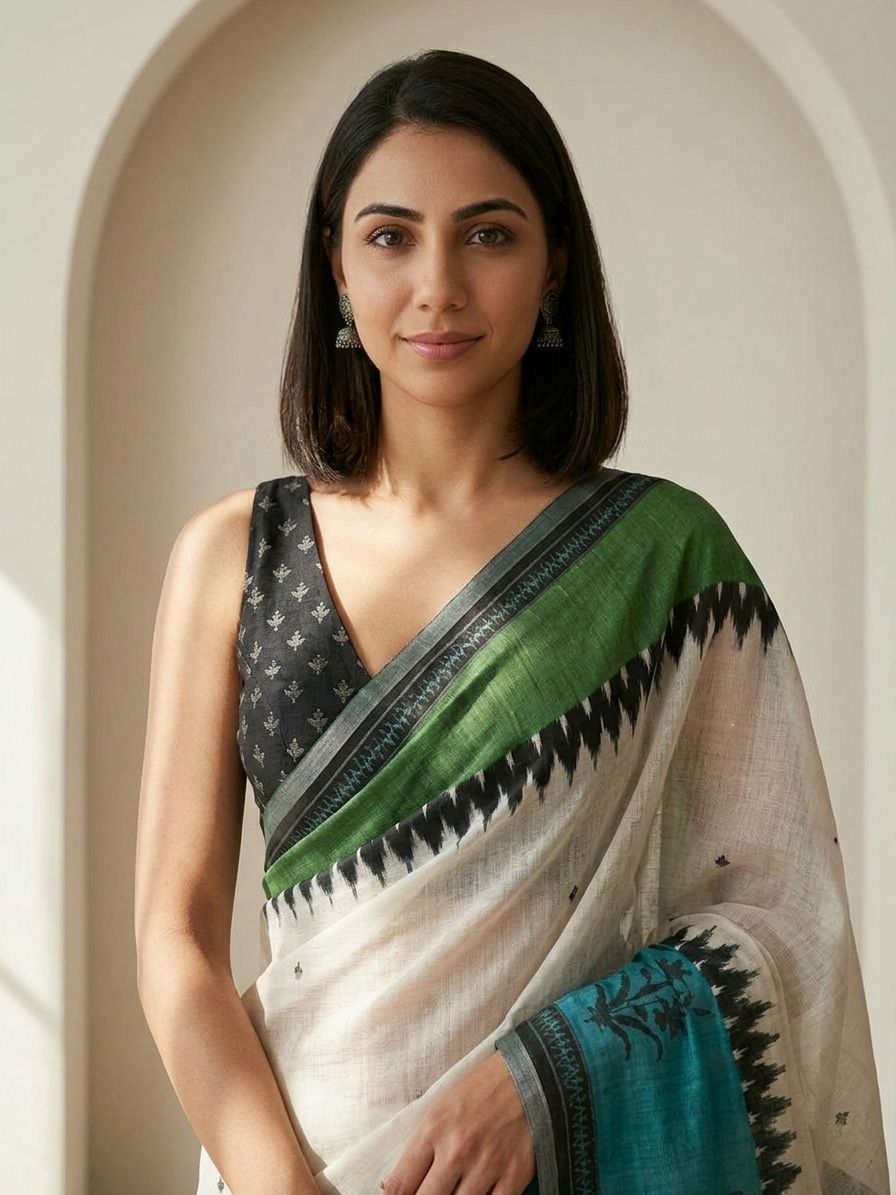 Geometric Kota Linen Off-White saree