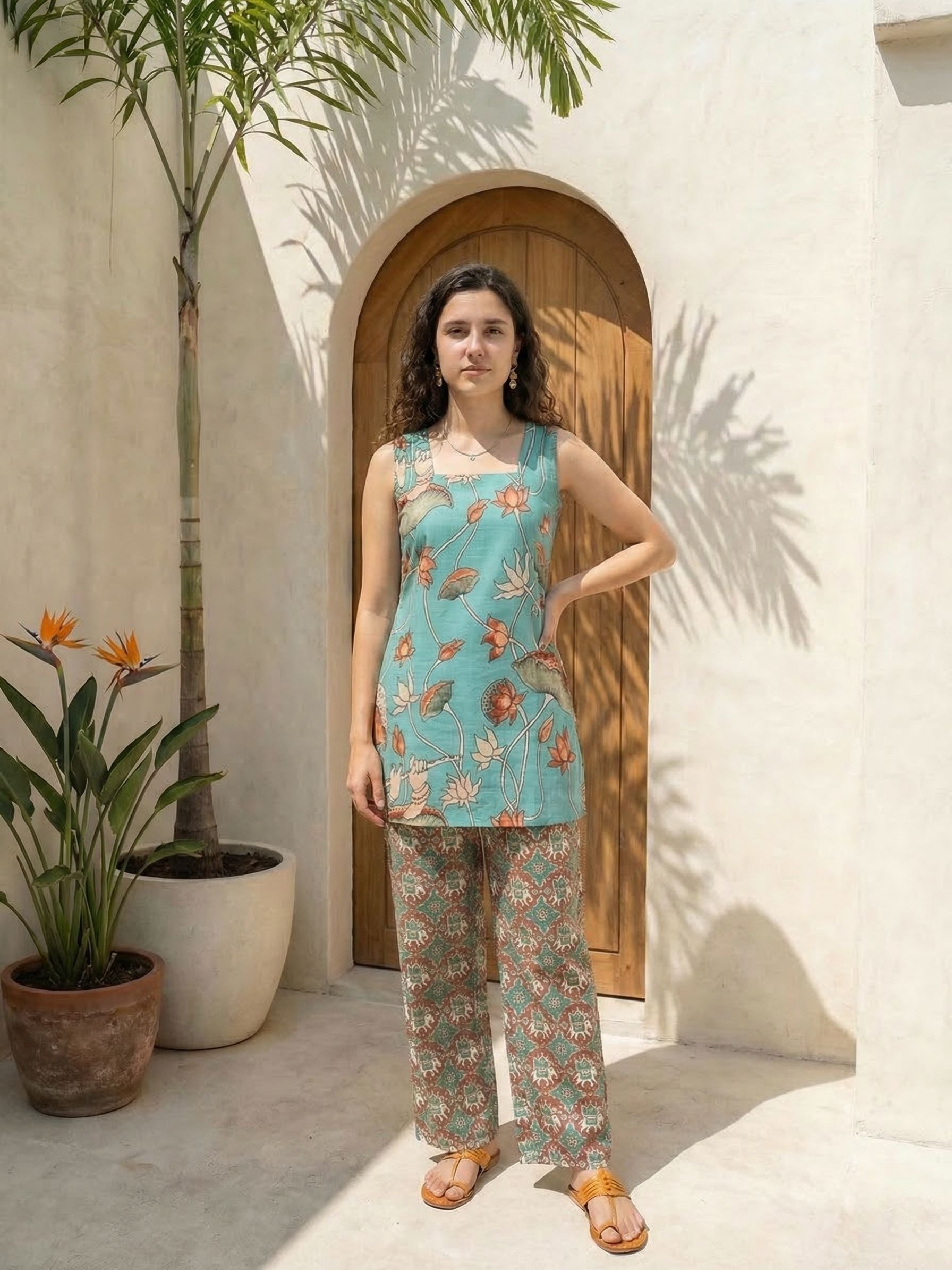 Women pink floral printed soft silk kurta co-ord set with trousers