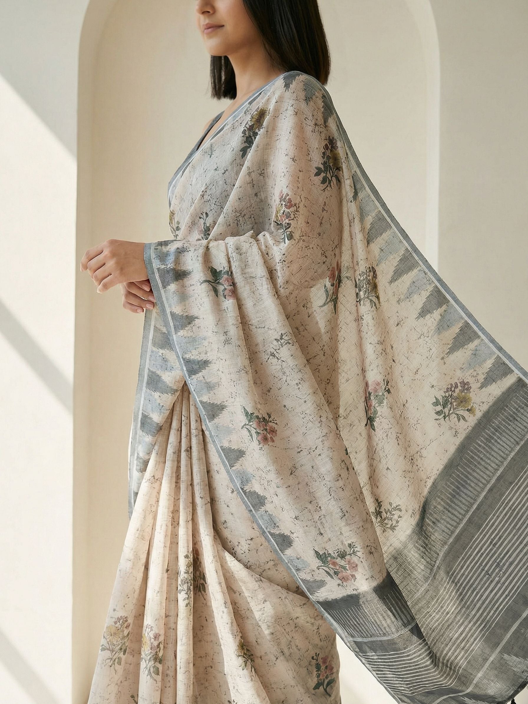 Floral Kota Linen Grey saree