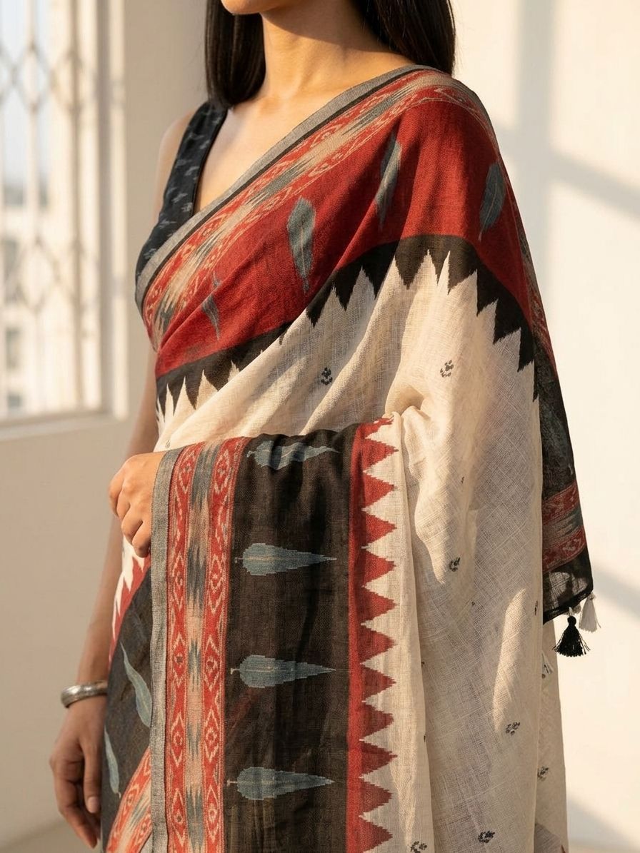 Geometric Kota Linen Off-White saree