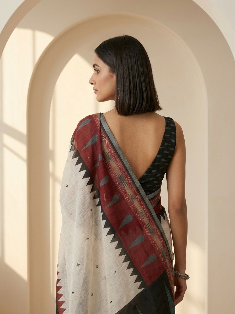 Geometric Kota Linen Off-White saree